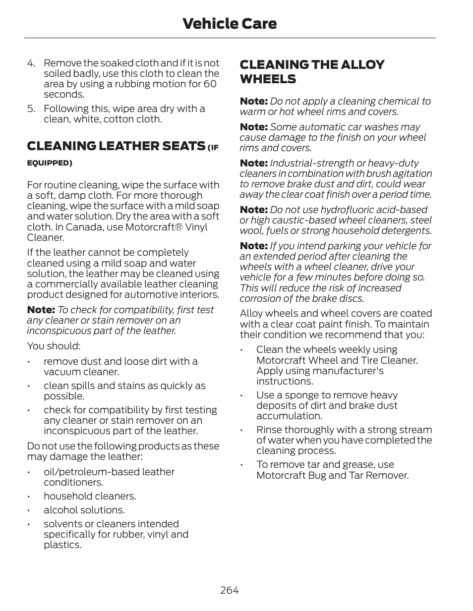 Vehicle care, Cleaning leather seats, Cleaning the alloy wheels | FORD 2014 Fusion Hybrid v.1 User Manual | Page 267 / 473