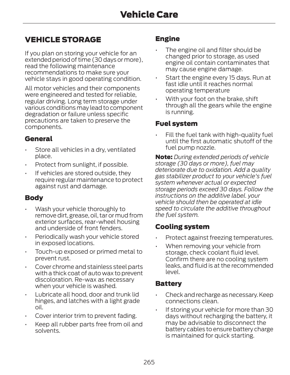 Vehicle care, Vehicle storage | FORD 2014 Fusion Hybrid v.1 User Manual | Page 268 / 473