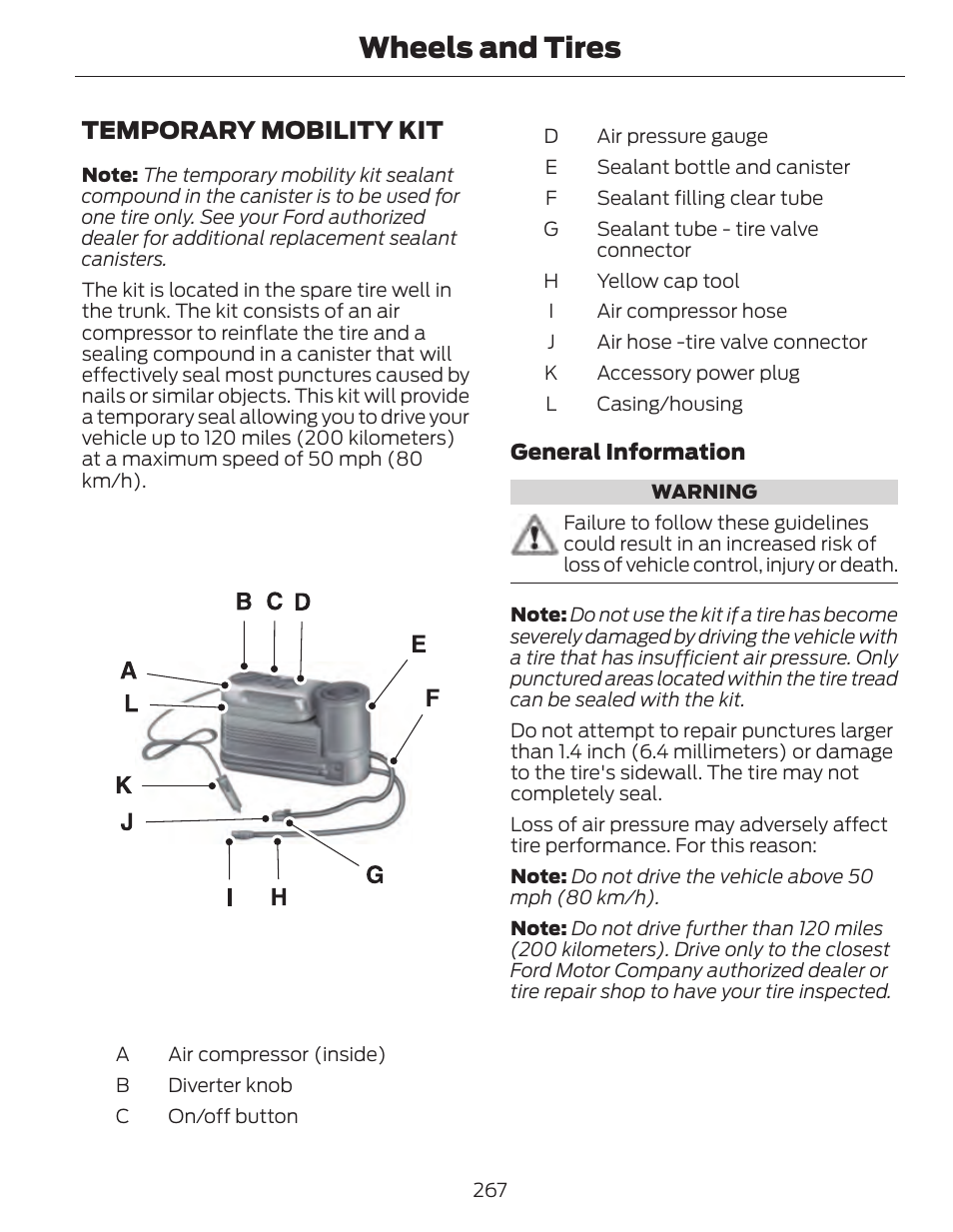 Wheels and tires, Temporary mobility kit | FORD 2014 Fusion Hybrid v.1 User Manual | Page 270 / 473