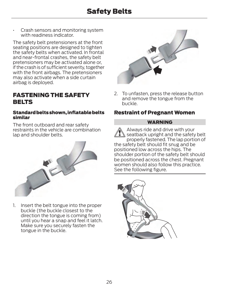 Safety belts, Fastening the safety belts | FORD 2014 Fusion Hybrid v.1 User Manual | Page 29 / 473