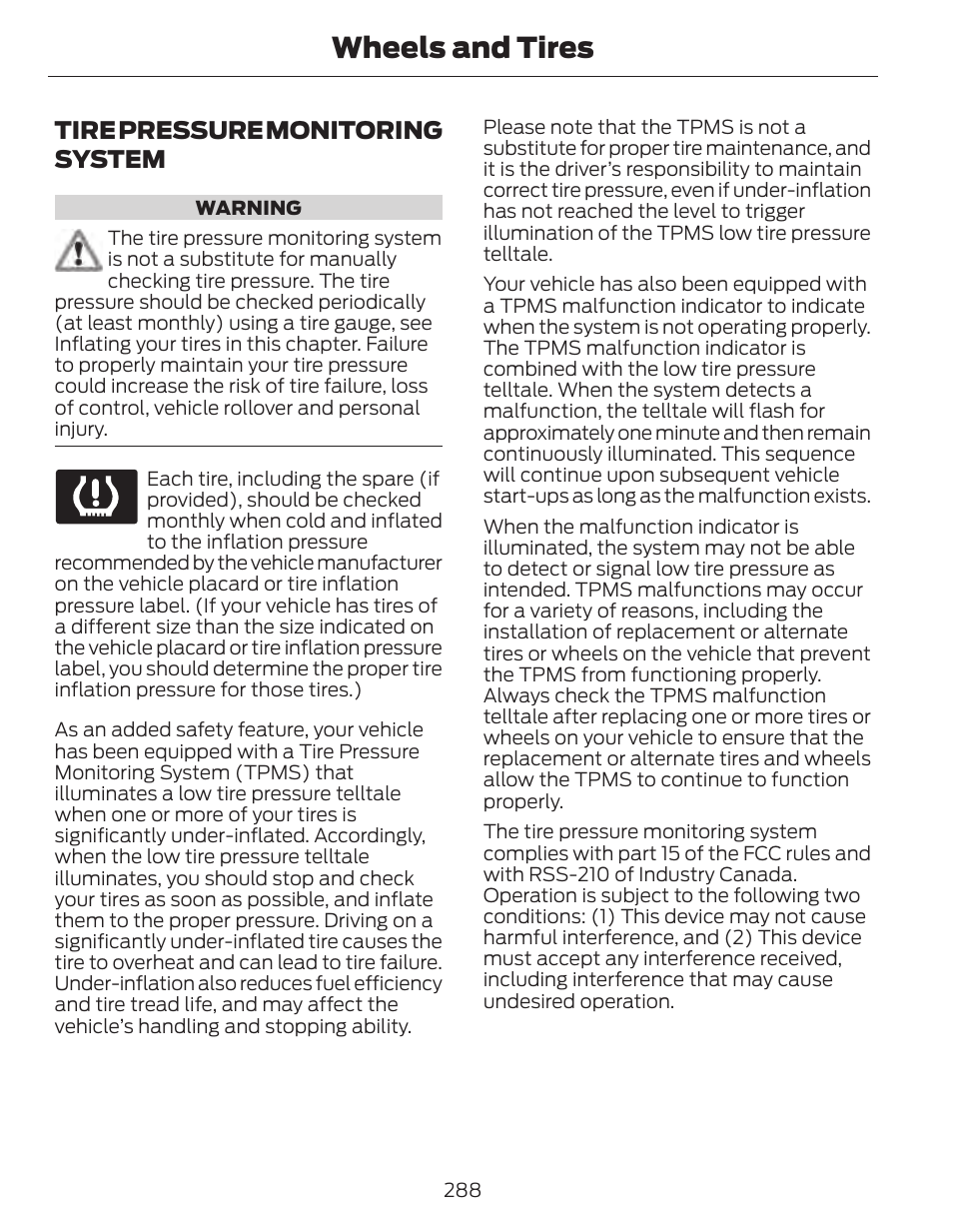 Wheels and tires, Tire pressure monitoring system | FORD 2014 Fusion Hybrid v.1 User Manual | Page 291 / 473