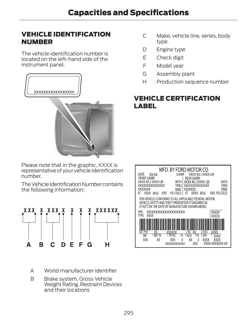 Capacities and specifications, Vehicle identification number, Vehicle certification label | FORD 2014 Fusion Hybrid v.1 User Manual | Page 298 / 473