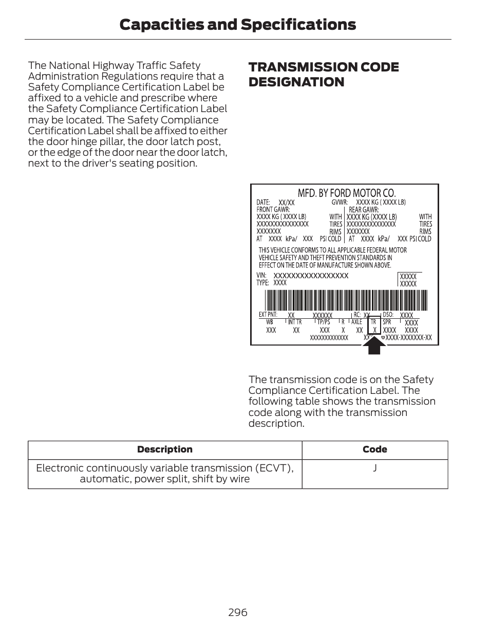 Capacities and specifications, Transmission code designation | FORD 2014 Fusion Hybrid v.1 User Manual | Page 299 / 473