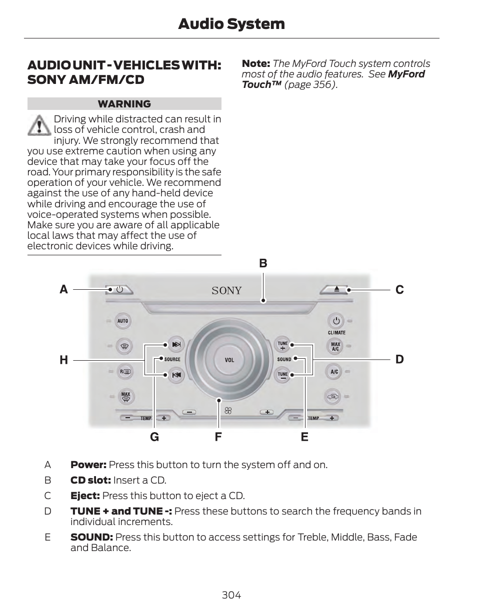 Audio system, Audio unit - vehicles with: sony am/fm/cd | FORD 2014 Fusion Hybrid v.1 User Manual | Page 307 / 473