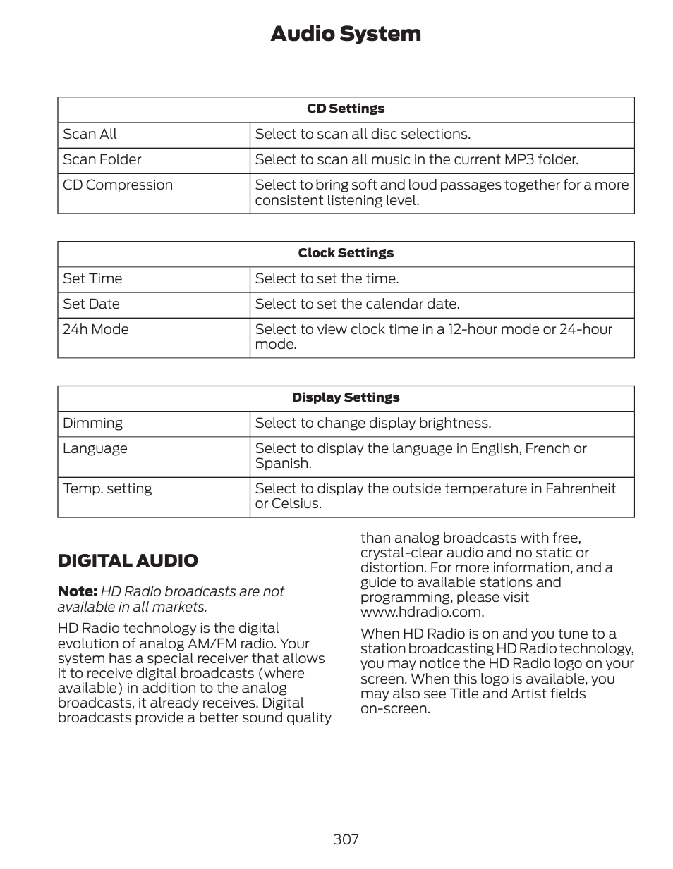 Audio system, Digital audio | FORD 2014 Fusion Hybrid v.1 User Manual | Page 310 / 473