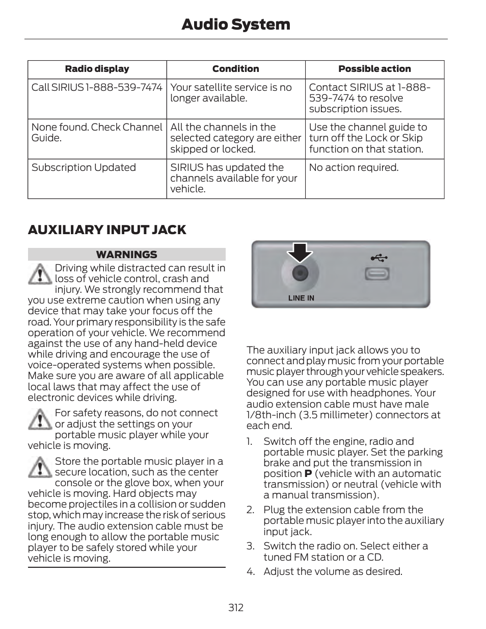 Audio system, Auxiliary input jack | FORD 2014 Fusion Hybrid v.1 User Manual | Page 315 / 473