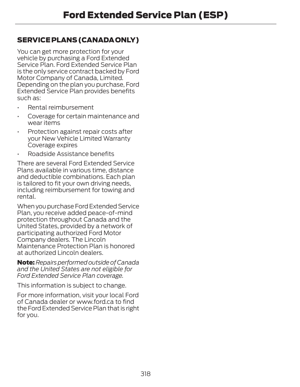 Ford extended service plan (esp) | FORD 2014 Fusion Hybrid v.1 User Manual | Page 321 / 473