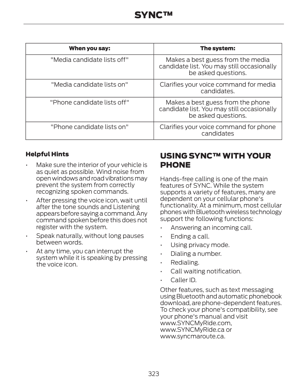 Sync, Using sync™ with your phone | FORD 2014 Fusion Hybrid v.1 User Manual | Page 326 / 473