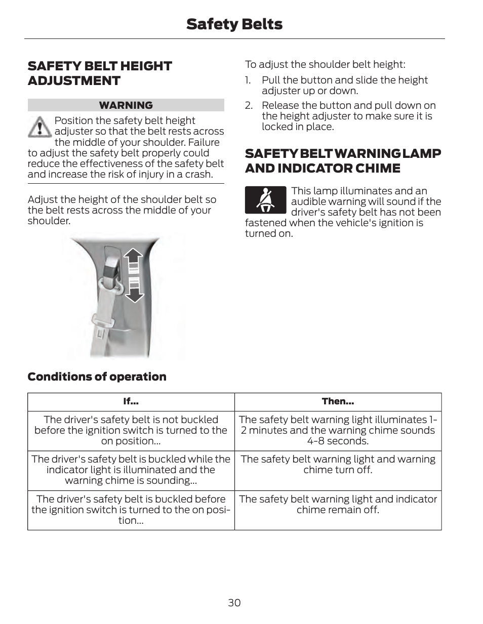 Safety belts, Safety belt height adjustment, Safety belt warning lamp and indicator chime | FORD 2014 Fusion Hybrid v.1 User Manual | Page 33 / 473