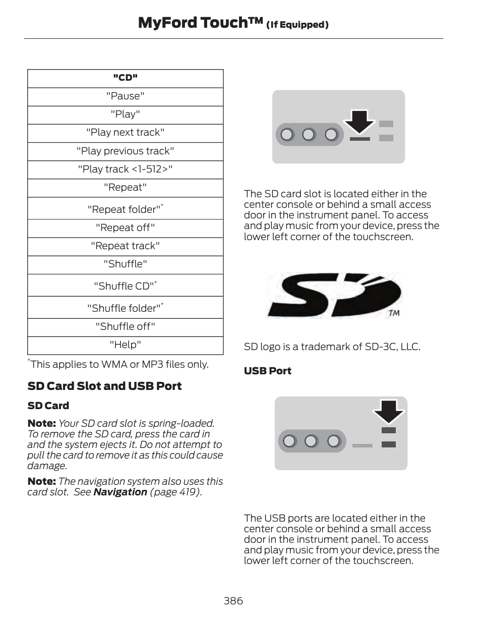 Myford touch, Sd card slot and usb port | FORD 2014 Fusion Hybrid v.1 User Manual | Page 389 / 473