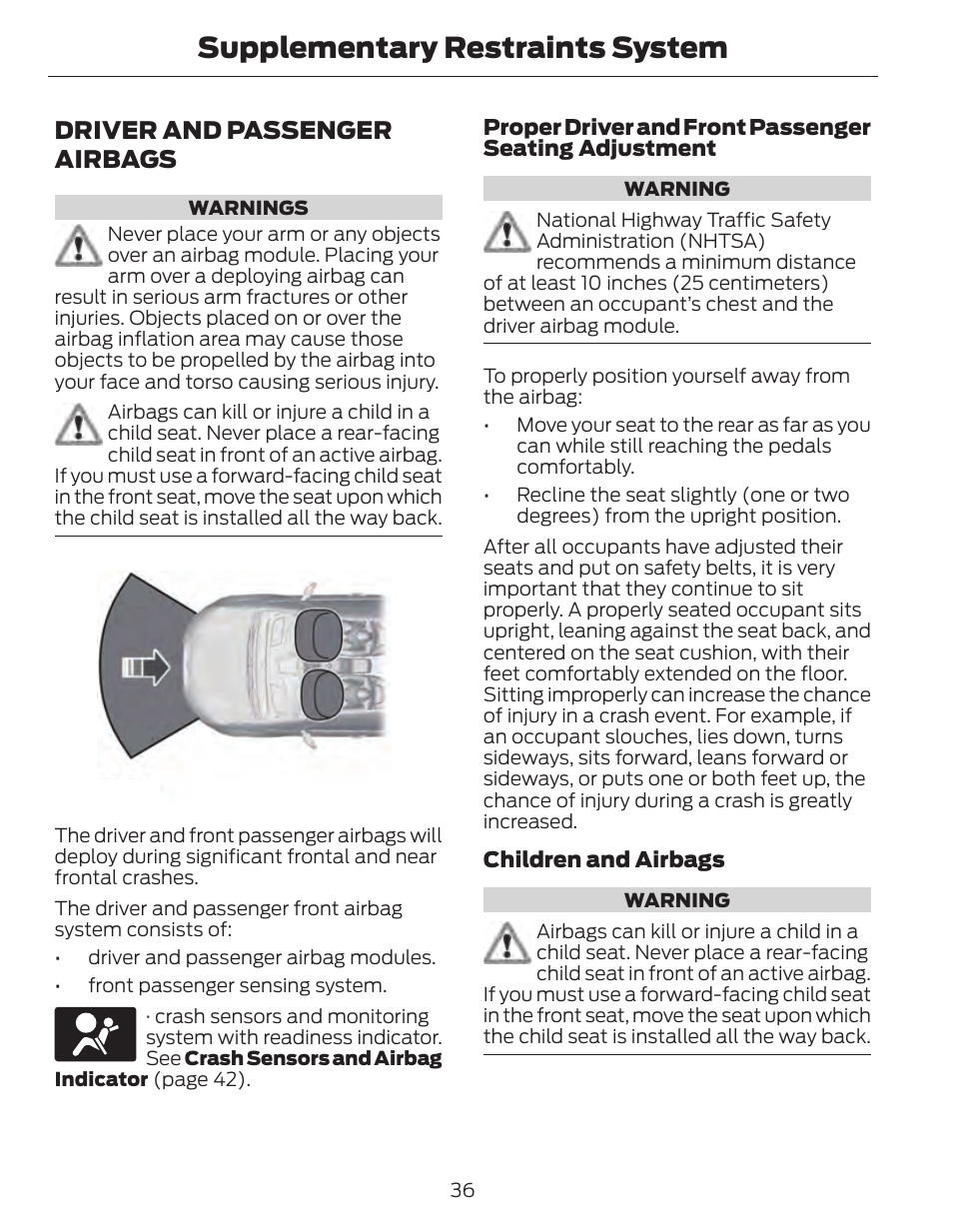 Supplementary restraints system, Driver and passenger airbags | FORD 2014 Fusion Hybrid v.1 User Manual | Page 39 / 473