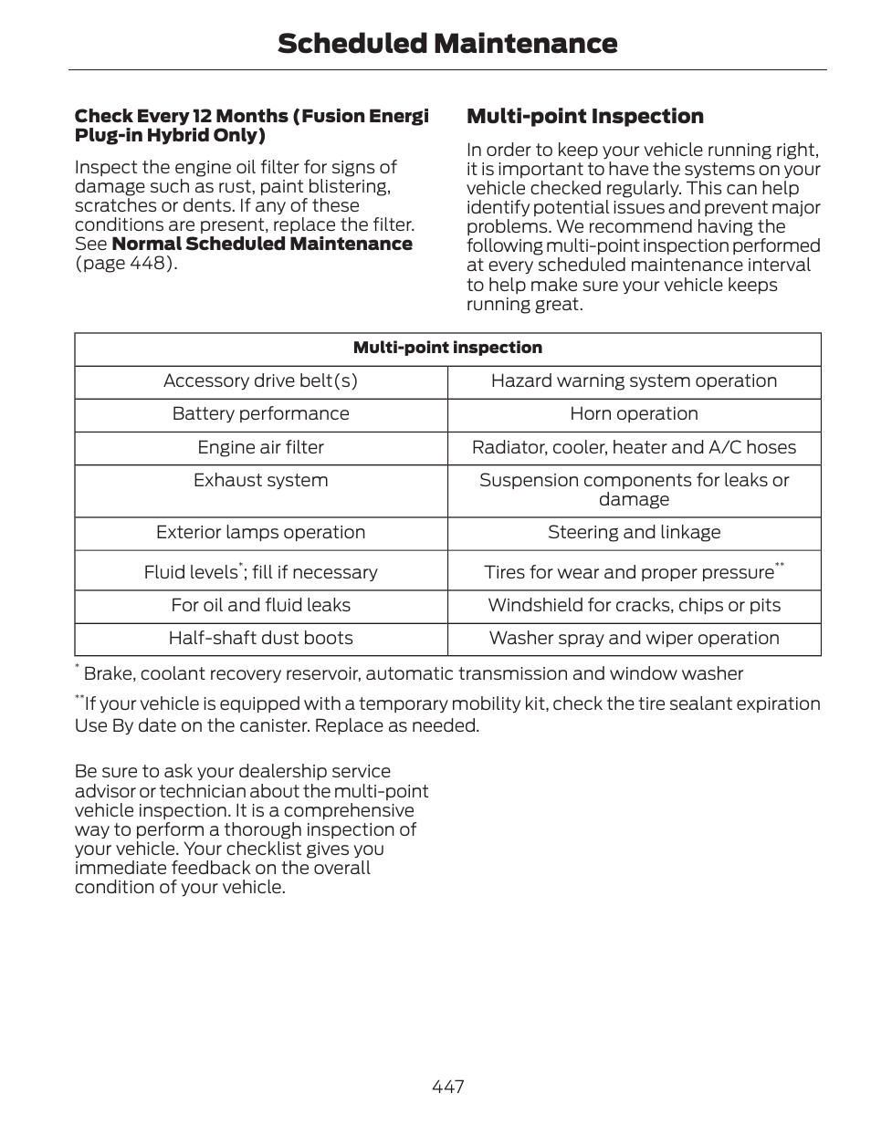 Scheduled maintenance | FORD 2014 Fusion Hybrid v.1 User Manual | Page 450 / 473