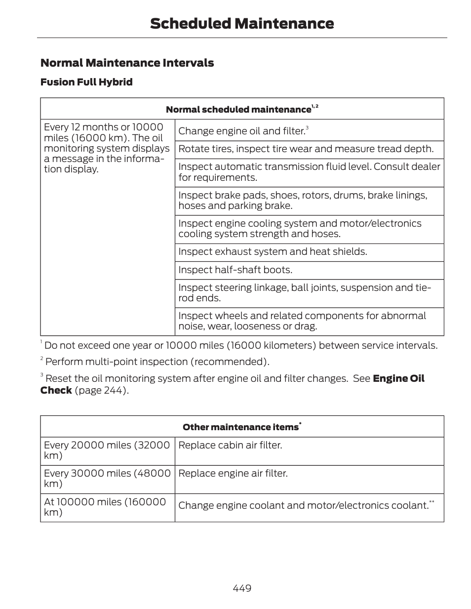 Scheduled maintenance, Normal maintenance intervals | FORD 2014 Fusion Hybrid v.1 User Manual | Page 452 / 473