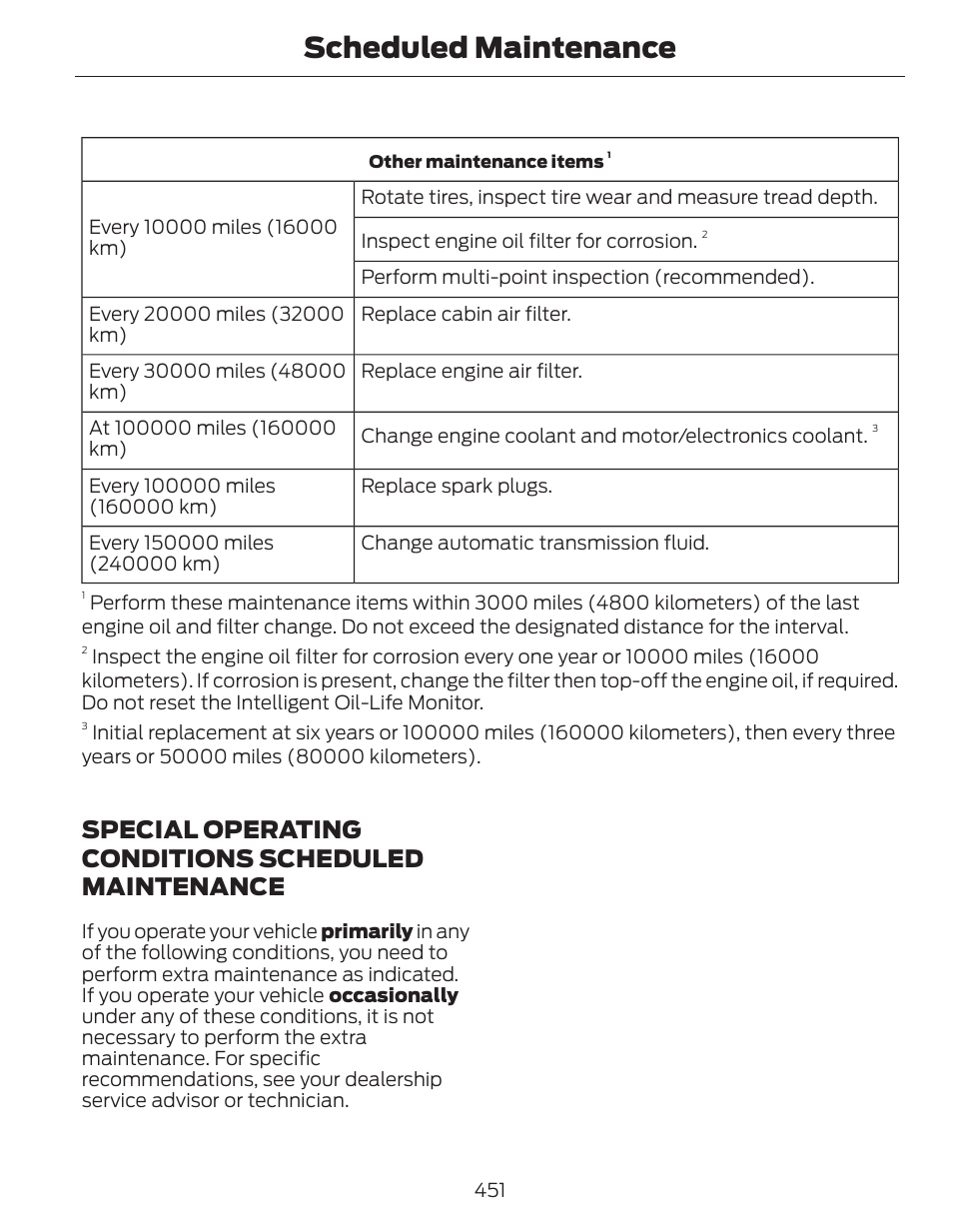 Scheduled maintenance, Special operating conditions scheduled maintenance | FORD 2014 Fusion Hybrid v.1 User Manual | Page 454 / 473