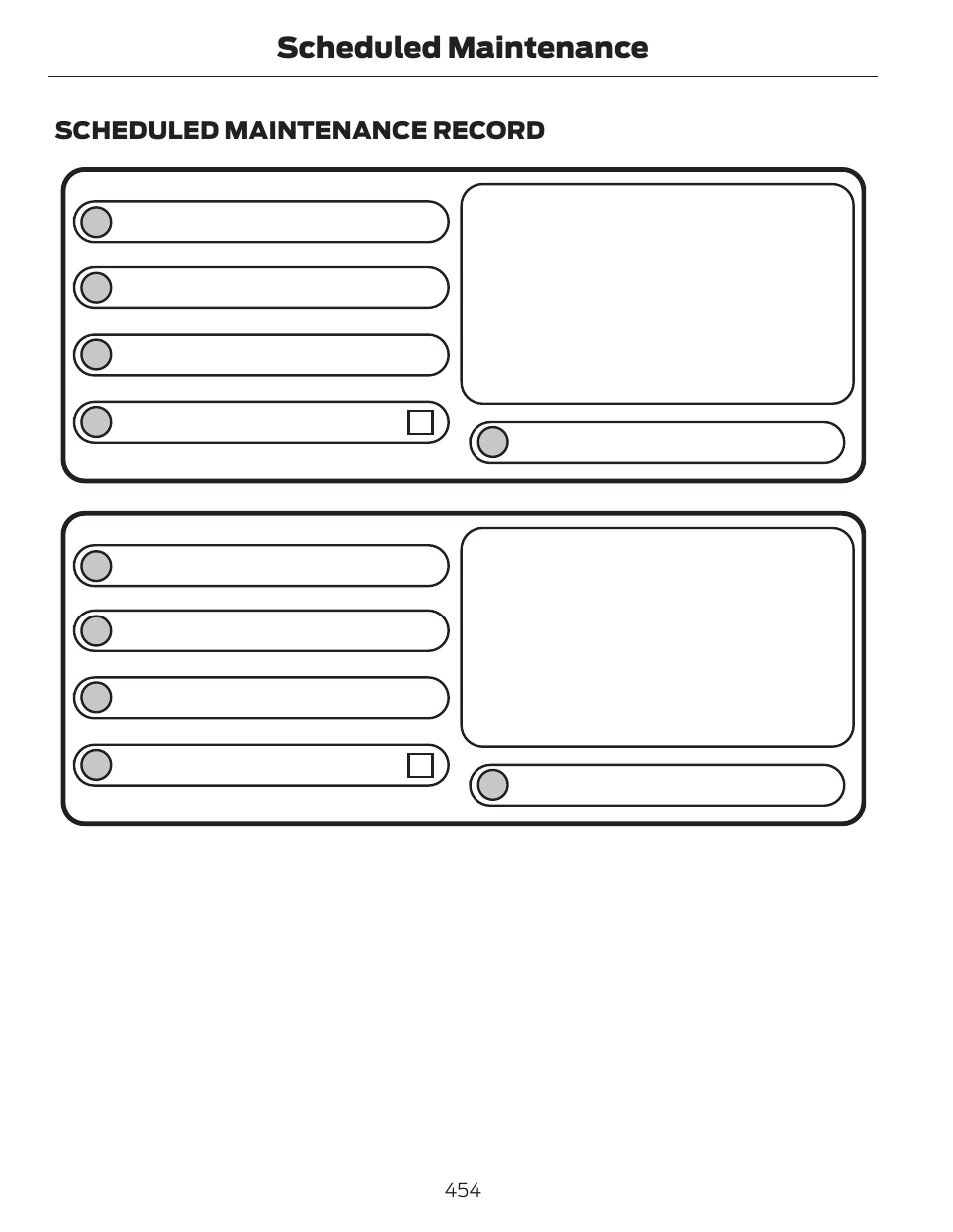 Dealer stamp, Scheduled maintenance, Scheduled maintenance record | FORD 2014 Fusion Hybrid v.1 User Manual | Page 457 / 473