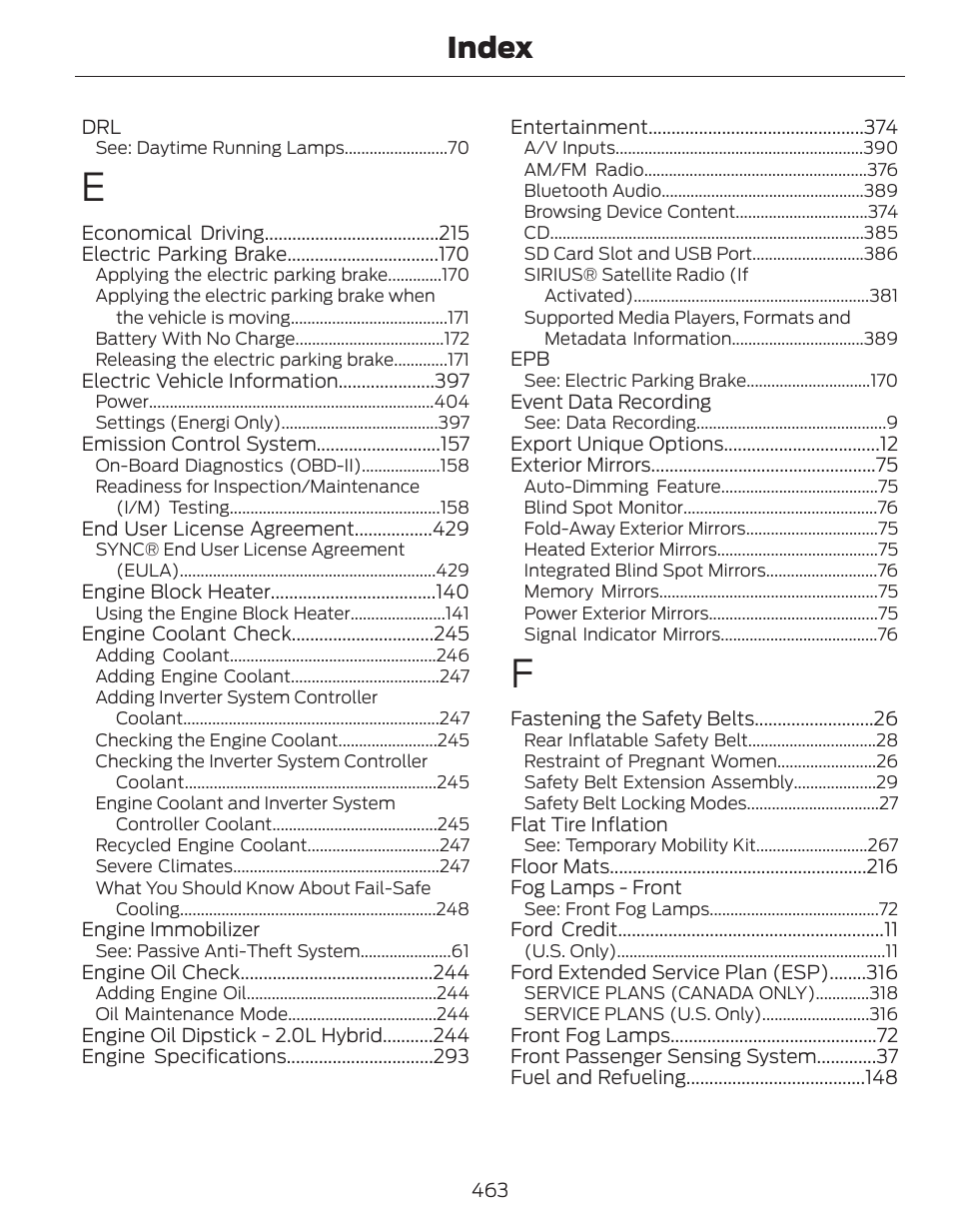 Index | FORD 2014 Fusion Hybrid v.1 User Manual | Page 466 / 473