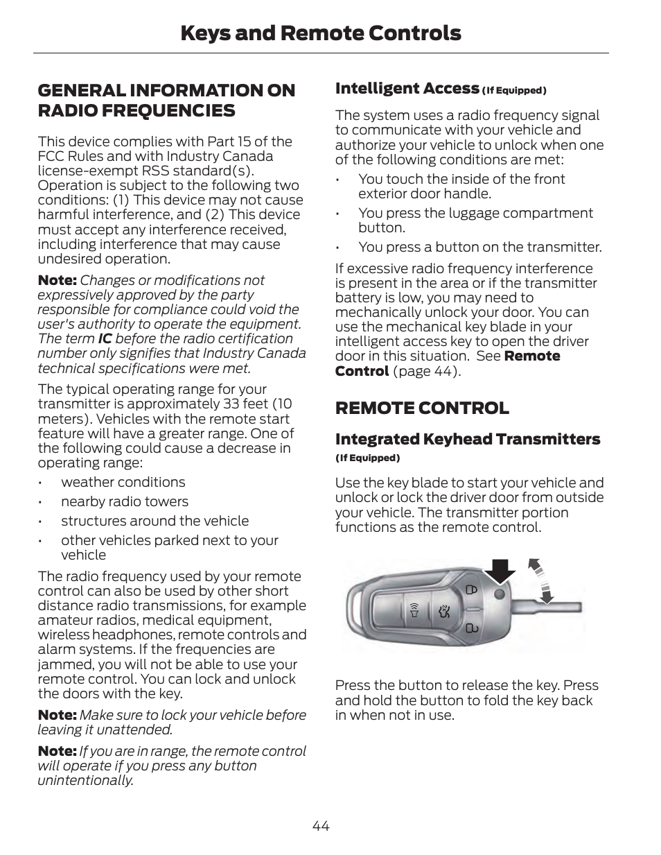 Keys and remote controls, General information on radio frequencies, Remote control | FORD 2014 Fusion Hybrid v.1 User Manual | Page 47 / 473