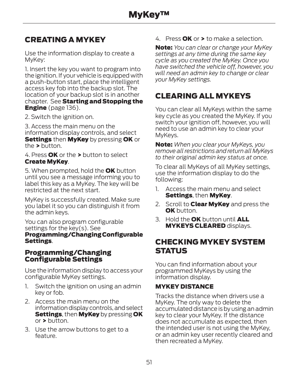 Mykey, Creating a mykey, Clearing all mykeys | Checking mykey system status | FORD 2014 Fusion Hybrid v.1 User Manual | Page 54 / 473