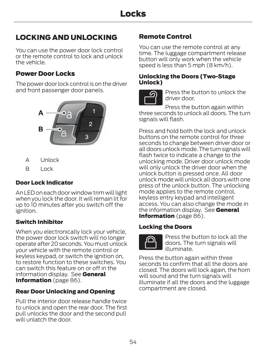 Locks, Locking and unlocking | FORD 2014 Fusion Hybrid v.1 User Manual | Page 57 / 473