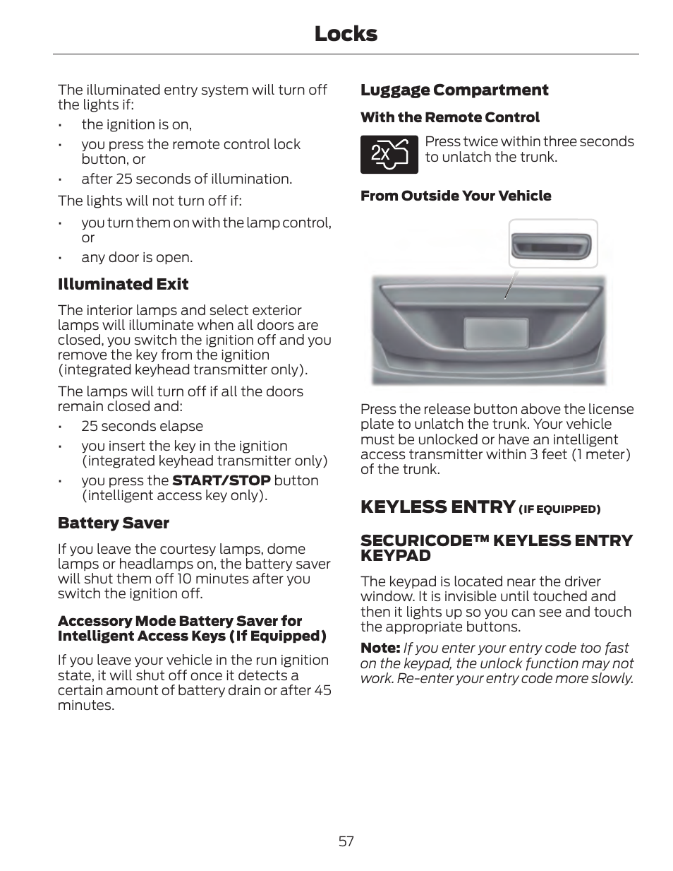Locks, Keyless entry | FORD 2014 Fusion Hybrid v.1 User Manual | Page 60 / 473