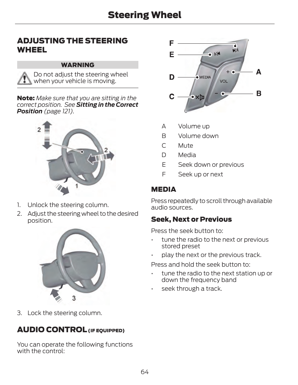 Steering wheel, Adjusting the steering wheel, Audio control | FORD 2014 Fusion Hybrid v.1 User Manual | Page 67 / 473