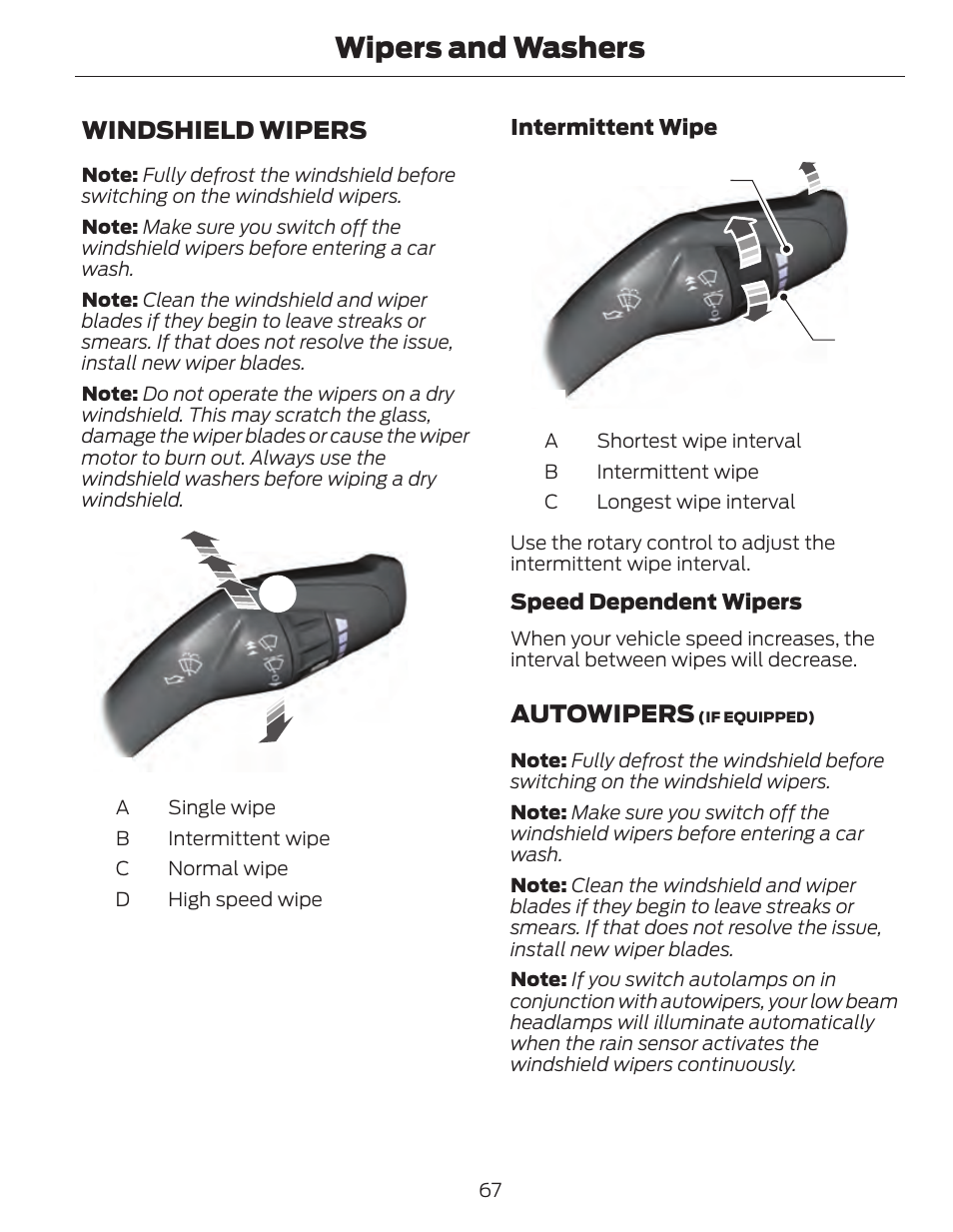 Wipers and washers, Windshield wipers, Dc b | Cb a, Autowipers | FORD 2014 Fusion Hybrid v.1 User Manual | Page 70 / 473