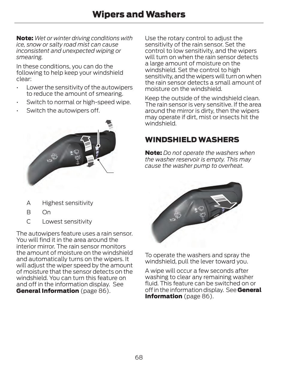 Wipers and washers, Ac b, Windshield washers | FORD 2014 Fusion Hybrid v.1 User Manual | Page 71 / 473