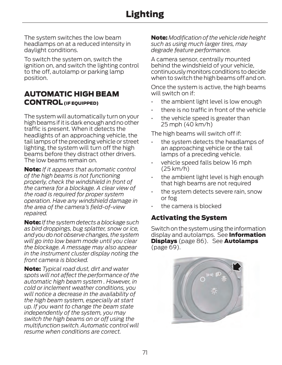 Lighting, Automatic high beam control | FORD 2014 Fusion Hybrid v.1 User Manual | Page 74 / 473