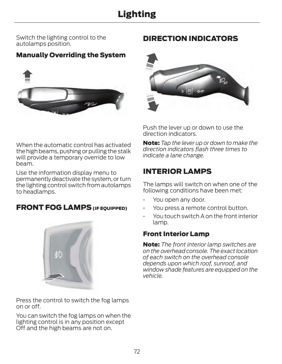 Lighting, Front fog lamps, Direction indicators | Interior lamps | FORD 2014 Fusion Hybrid v.1 User Manual | Page 75 / 473