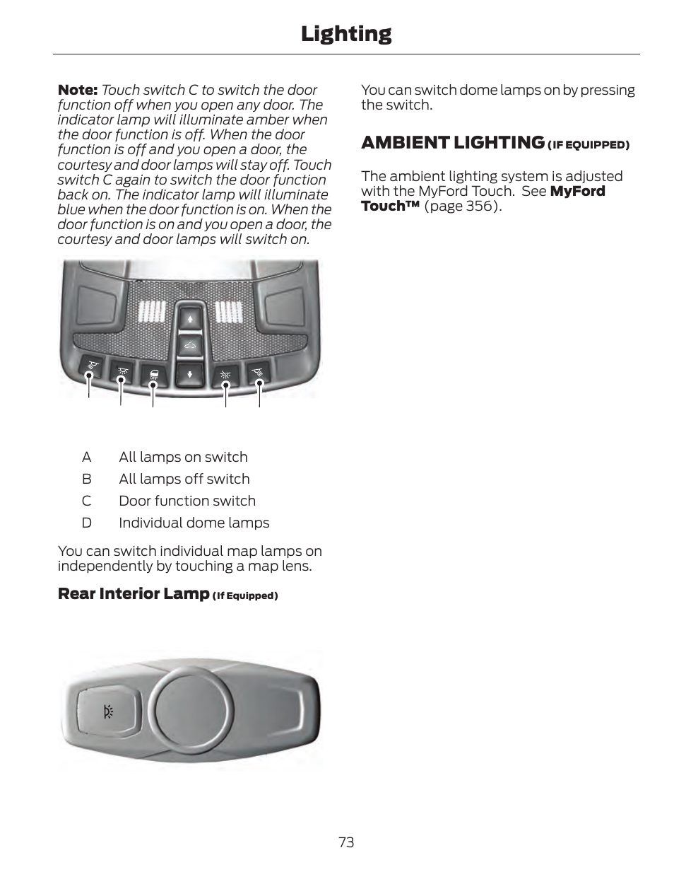 Lighting, Ab c d d, Ambient lighting | FORD 2014 Fusion Hybrid v.1 User Manual | Page 76 / 473