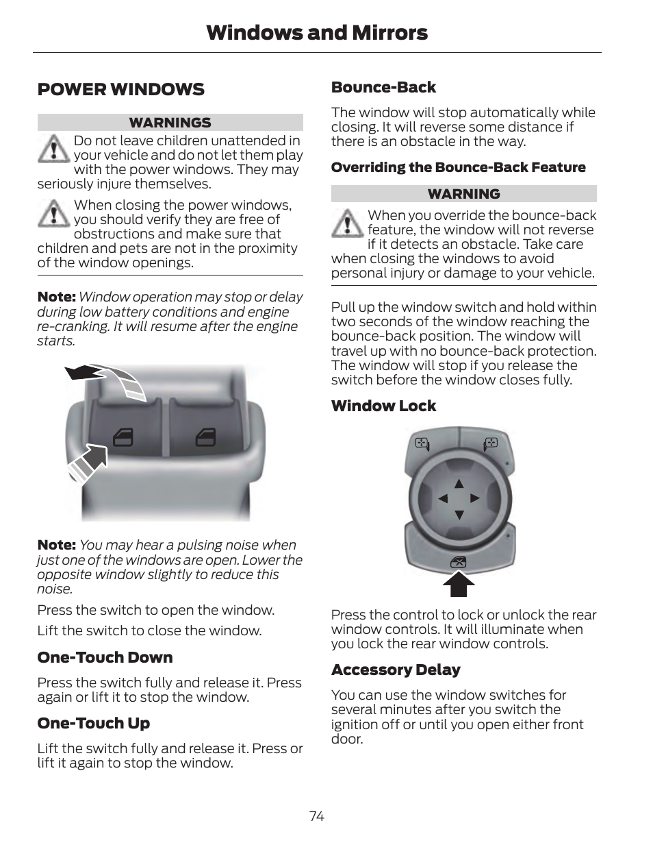 Windows and mirrors, Power windows | FORD 2014 Fusion Hybrid v.1 User Manual | Page 77 / 473