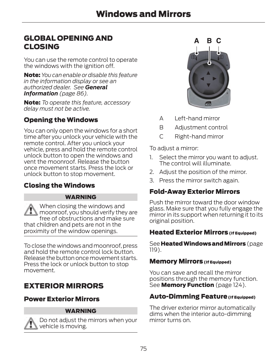 Windows and mirrors, Global opening and closing, Exterior mirrors | FORD 2014 Fusion Hybrid v.1 User Manual | Page 78 / 473