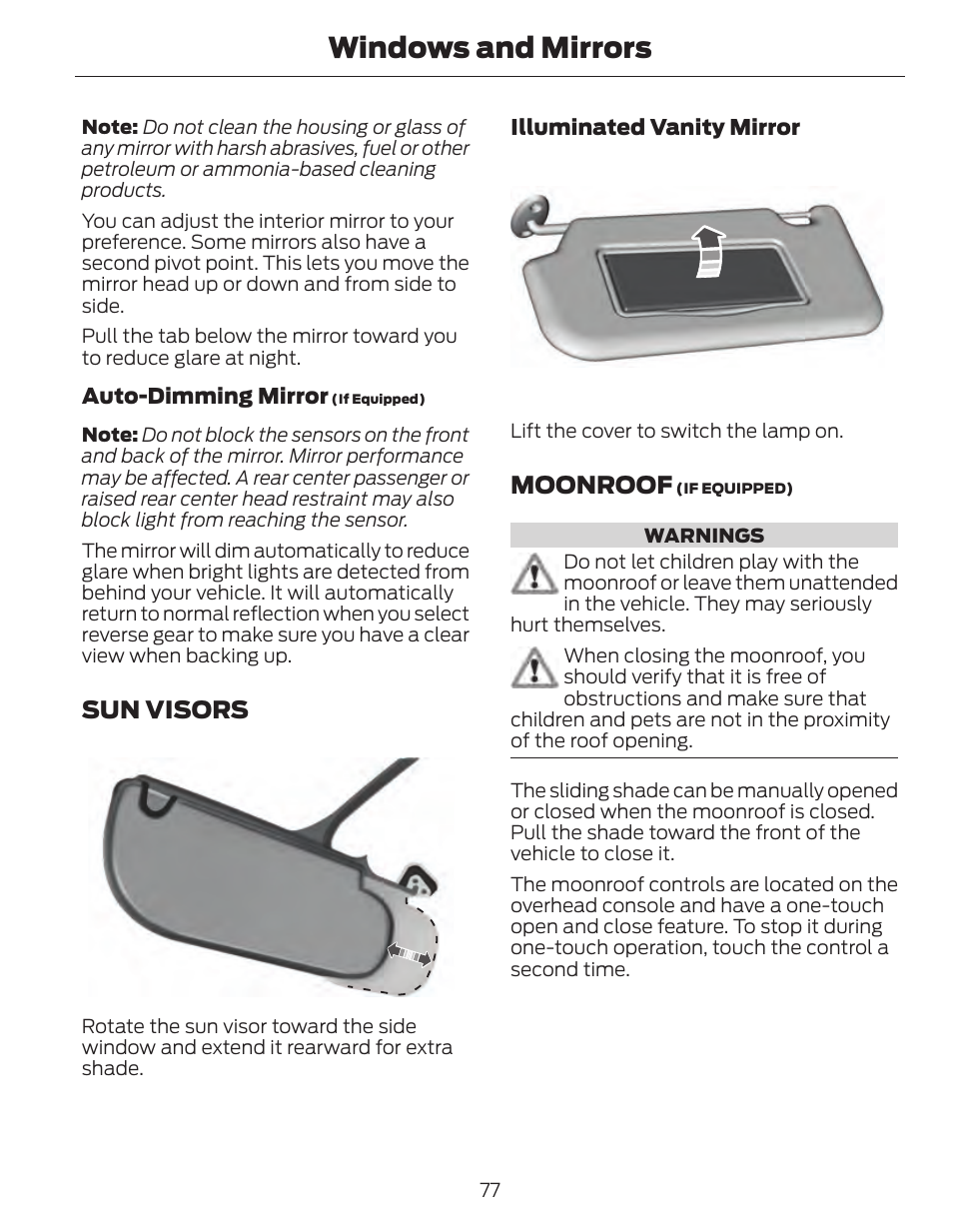 Windows and mirrors, Sun visors, Moonroof | FORD 2014 Fusion Hybrid v.1 User Manual | Page 80 / 473