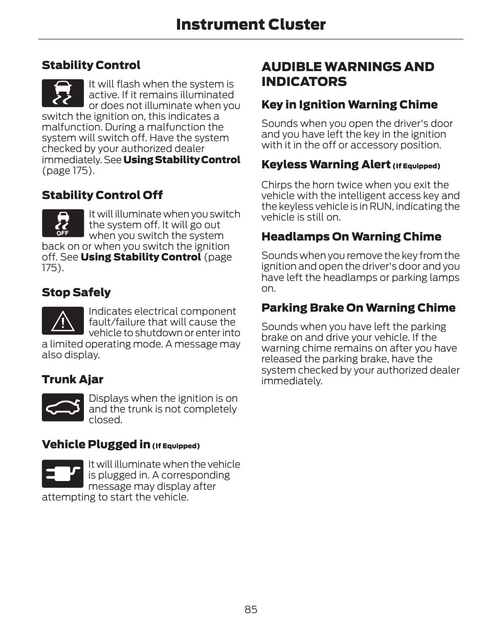 Instrument cluster, Audible warnings and indicators | FORD 2014 Fusion Hybrid v.1 User Manual | Page 88 / 473