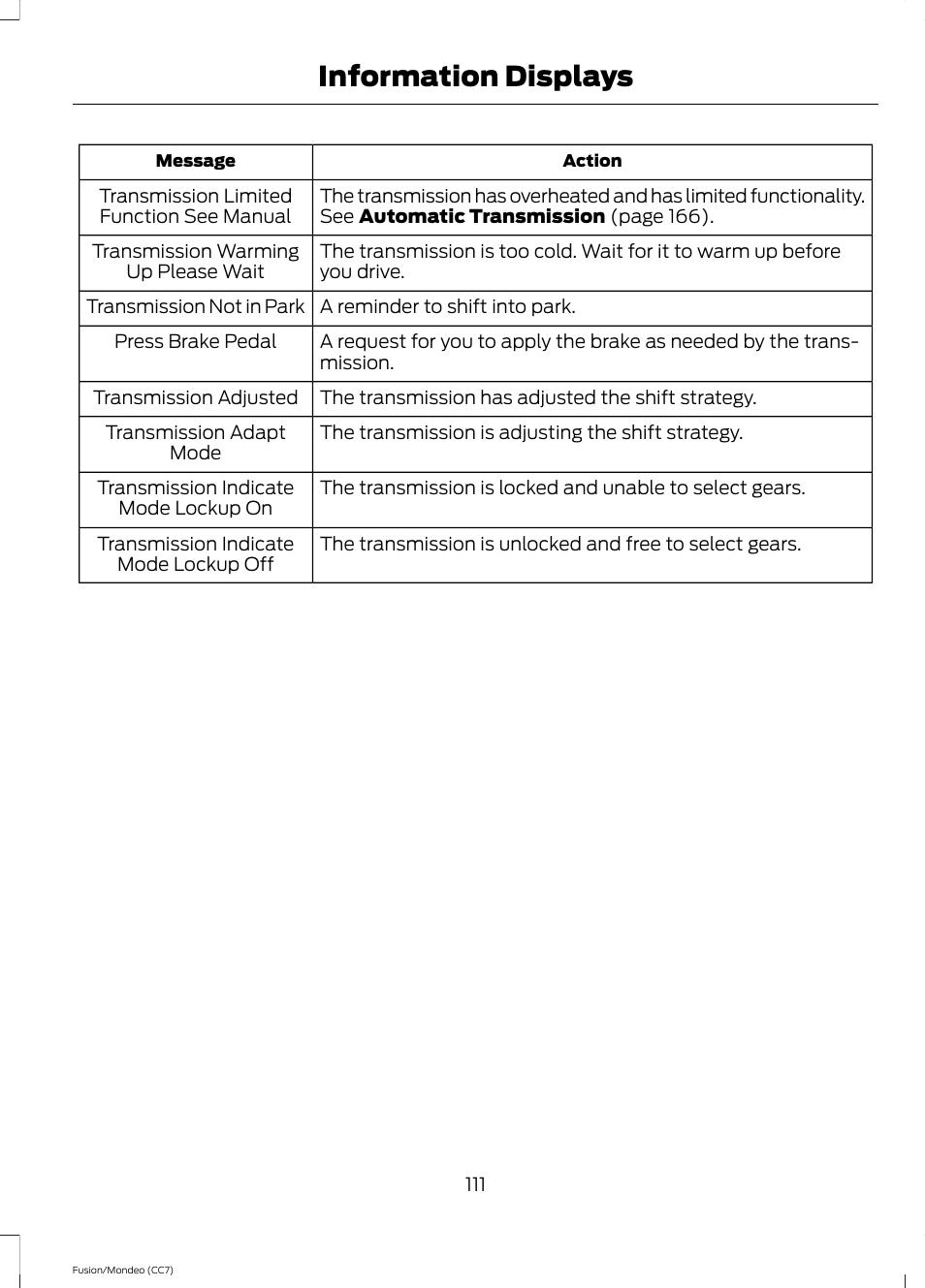 Information displays | FORD 2014 Fusion Hybrid v.2 User Manual | Page 114 / 478