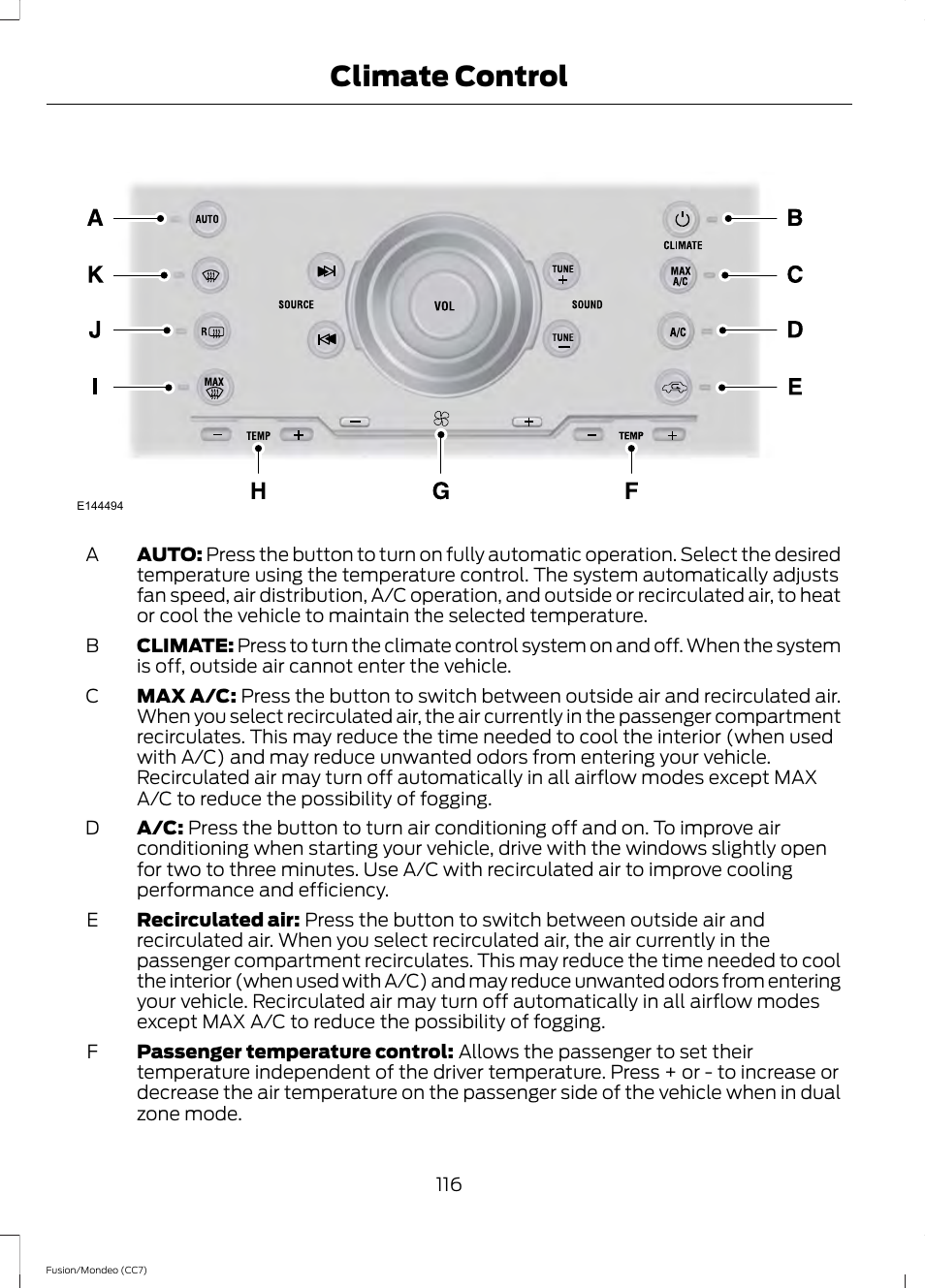 Climate control | FORD 2014 Fusion Hybrid v.2 User Manual | Page 119 / 478