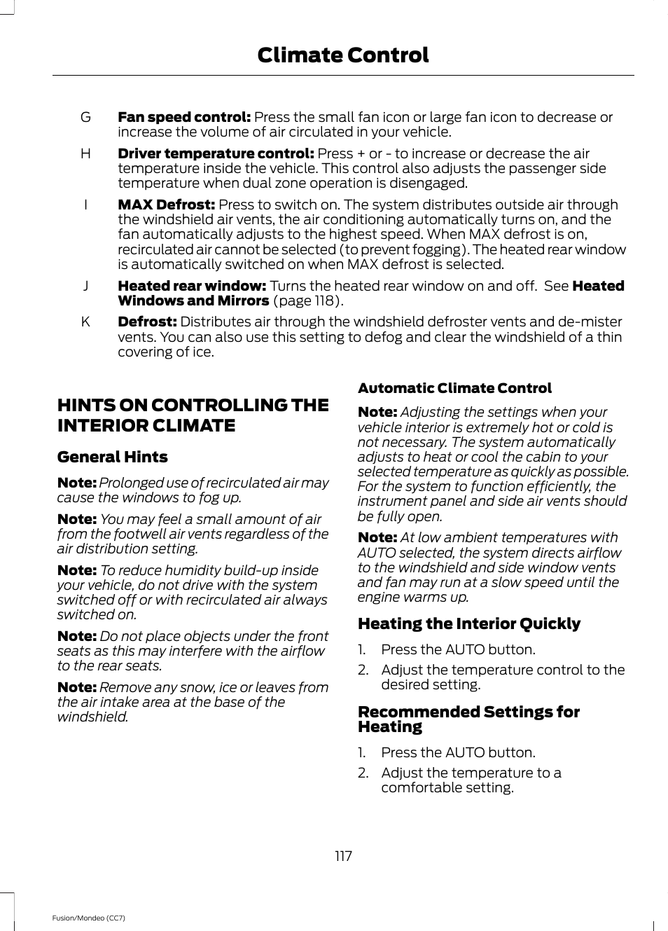 Hints on controlling the interior climate, Hints on controlling the interior, Climate | Climate control | FORD 2014 Fusion Hybrid v.2 User Manual | Page 120 / 478