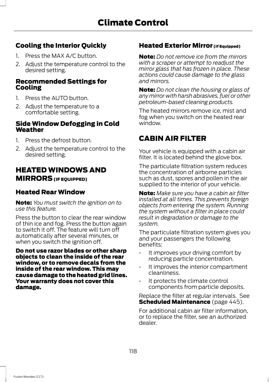 Heated windows and mirrors, Cabin air filter, Heated windows and mirrors cabin air filter | Climate control | FORD 2014 Fusion Hybrid v.2 User Manual | Page 121 / 478
