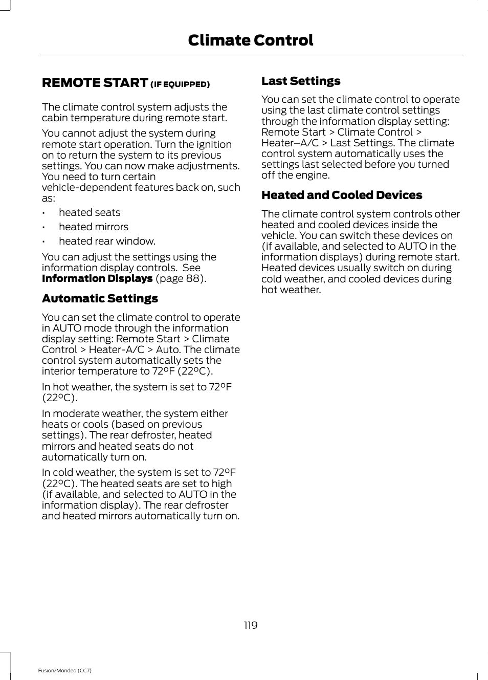 Remote start, Climate control | FORD 2014 Fusion Hybrid v.2 User Manual | Page 122 / 478