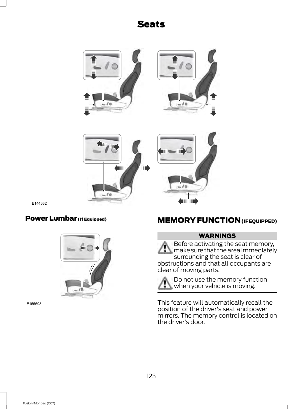 Memory function, Seats | FORD 2014 Fusion Hybrid v.2 User Manual | Page 126 / 478