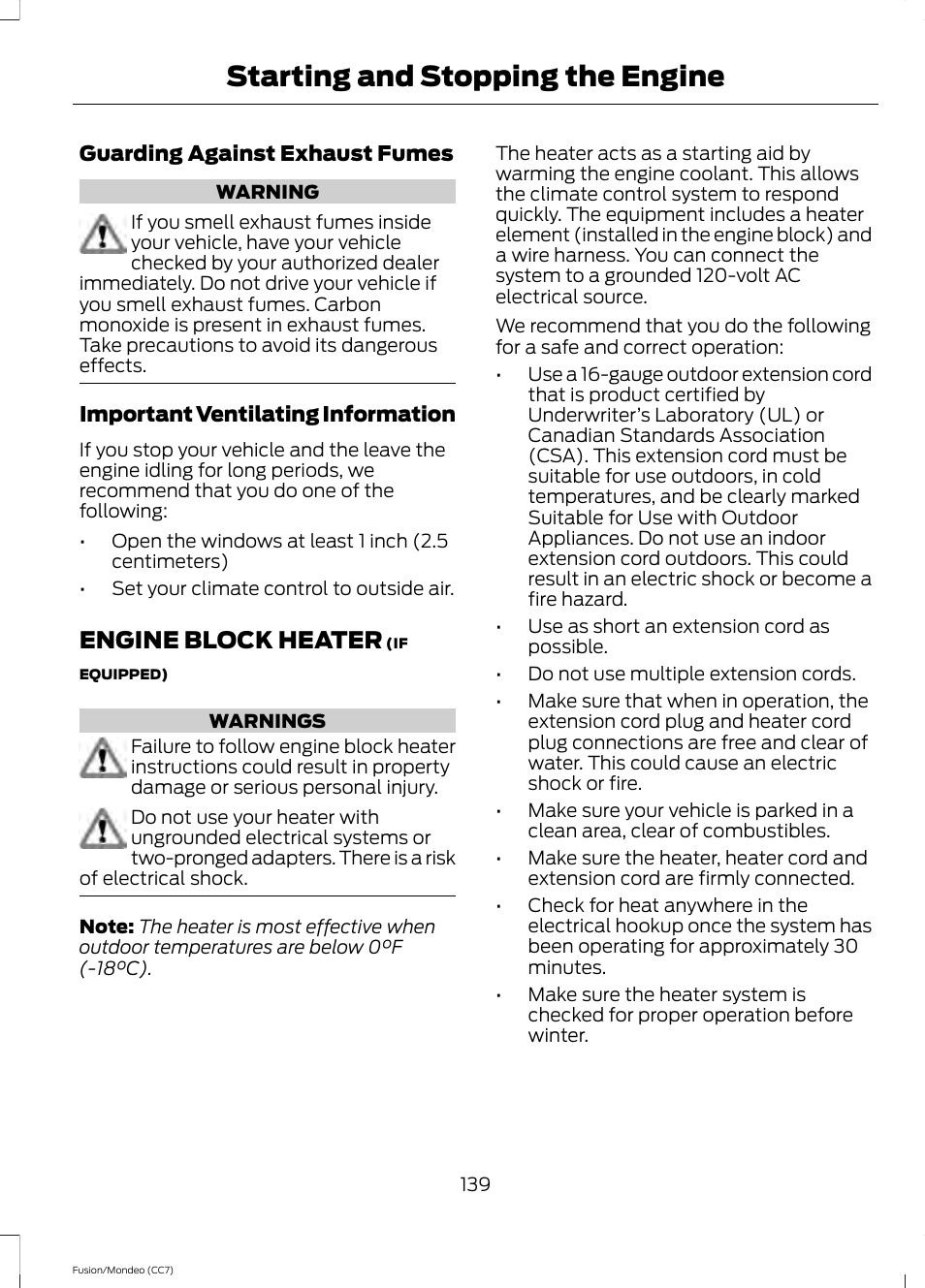 Engine block heater, Starting and stopping the engine | FORD 2014 Fusion Hybrid v.2 User Manual | Page 142 / 478