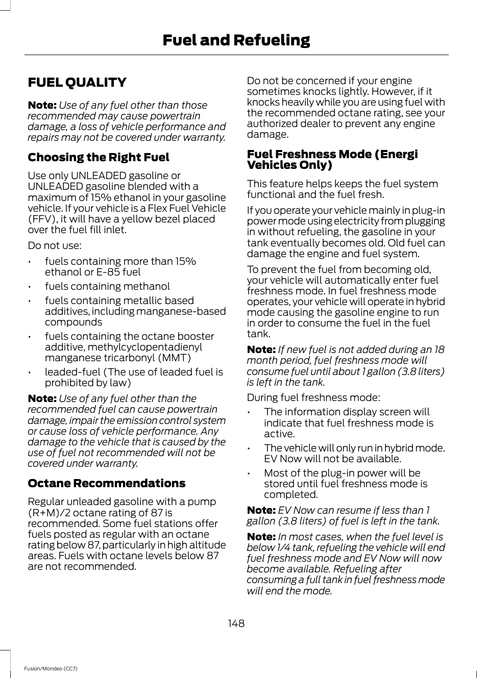 Fuel quality, Fuel and refueling | FORD 2014 Fusion Hybrid v.2 User Manual | Page 151 / 478