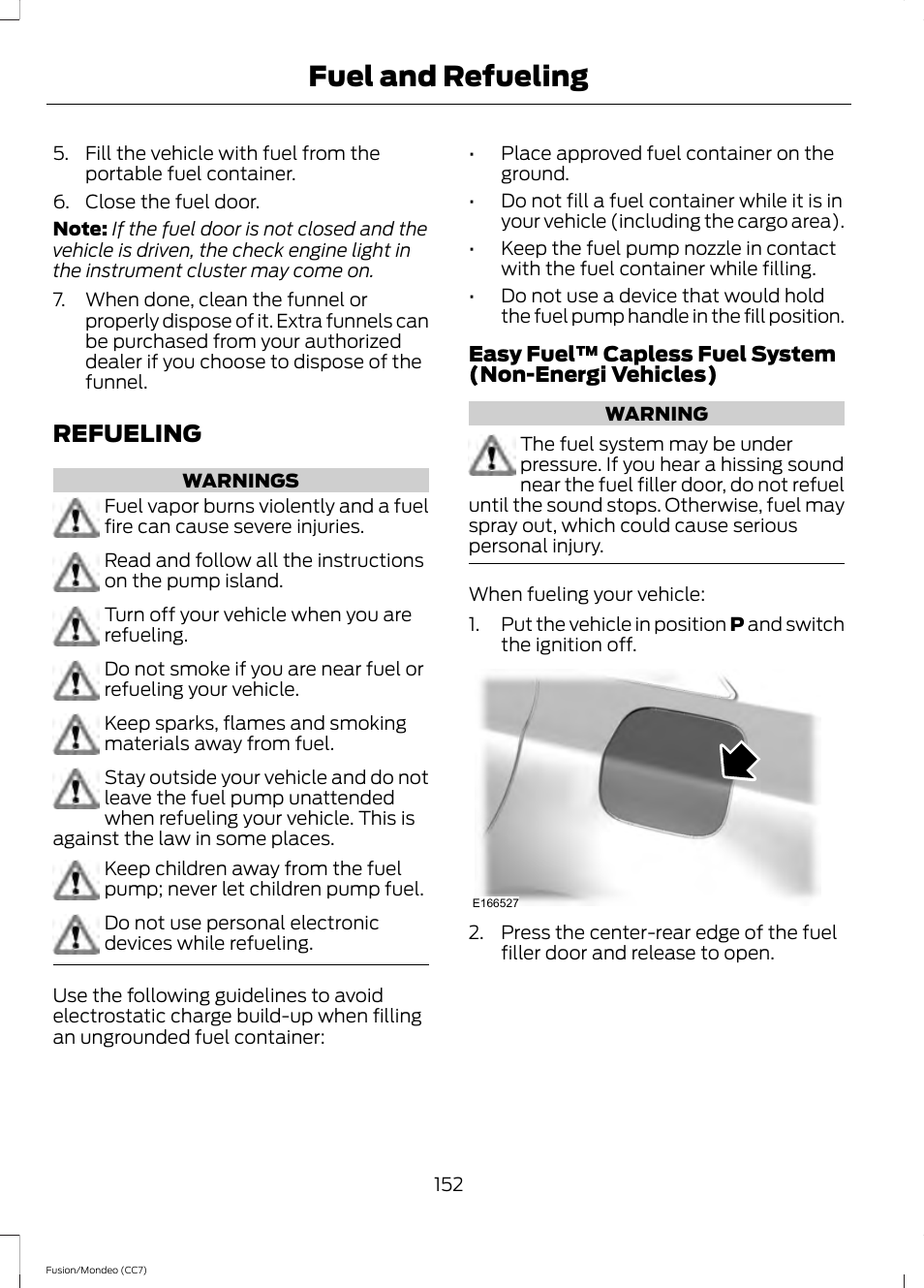 Refueling, Fuel and refueling | FORD 2014 Fusion Hybrid v.2 User Manual | Page 155 / 478