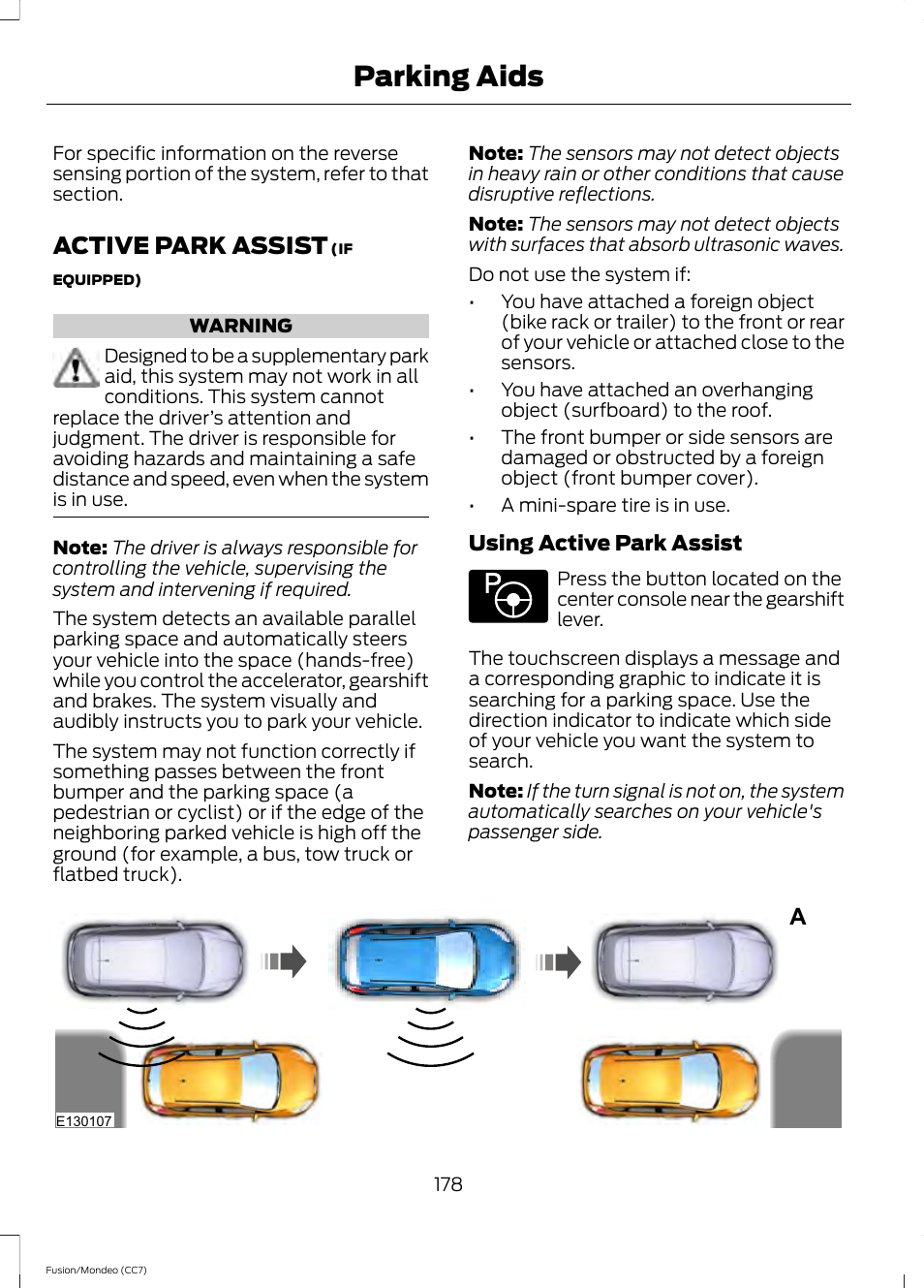 Active park assist, Parking aids | FORD 2014 Fusion Hybrid v.2 User Manual | Page 181 / 478