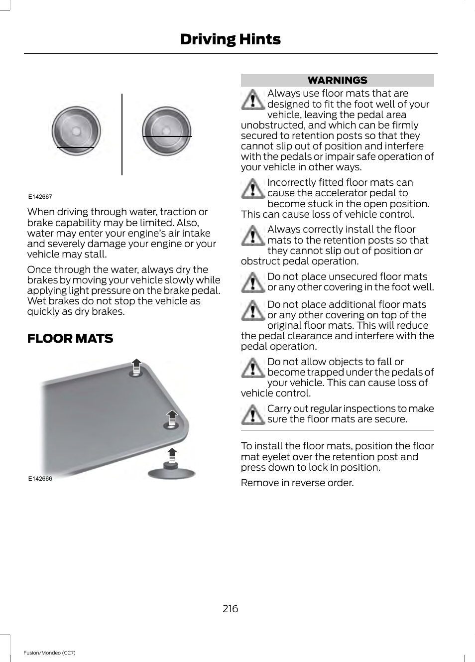 Floor mats, Driving hints | FORD 2014 Fusion Hybrid v.2 User Manual | Page 219 / 478