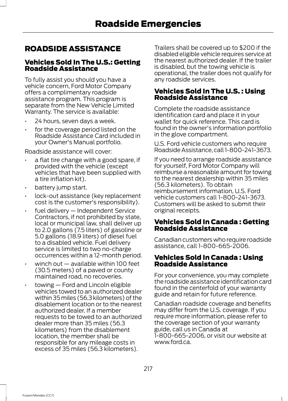 Roadside emergencies, Roadside assistance | FORD 2014 Fusion Hybrid v.2 User Manual | Page 220 / 478