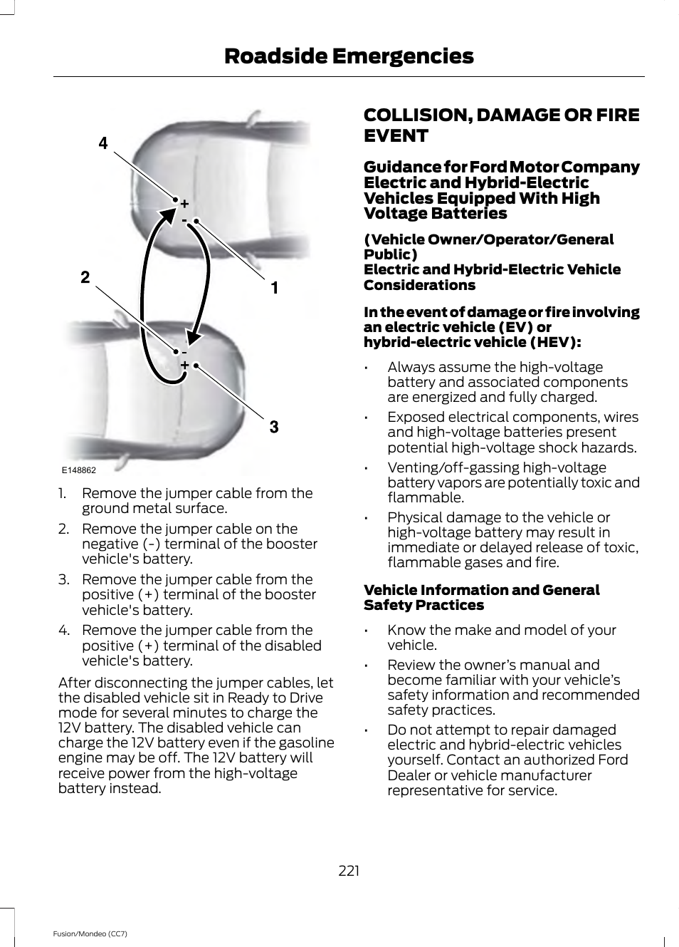 Collision, damage or fire event, Roadside emergencies | FORD 2014 Fusion Hybrid v.2 User Manual | Page 224 / 478