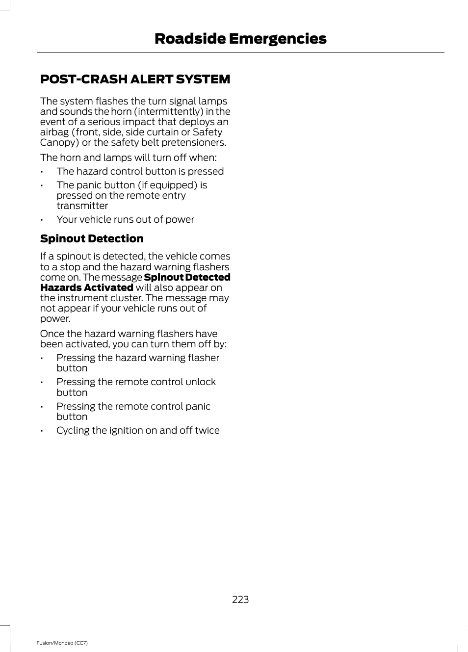 Post-crash alert system, Roadside emergencies | FORD 2014 Fusion Hybrid v.2 User Manual | Page 226 / 478