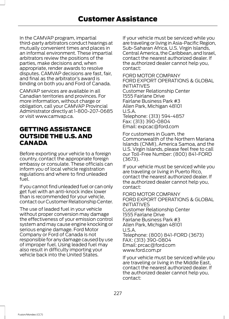 Getting assistance outside the u.s. and canada, Getting assistance outside the u.s. and, Canada | Customer assistance | FORD 2014 Fusion Hybrid v.2 User Manual | Page 230 / 478