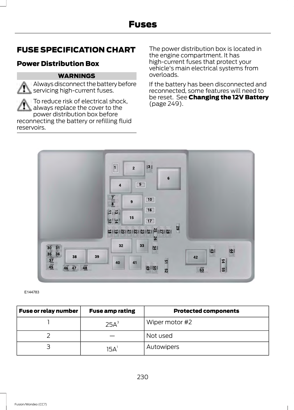 Fuses, Fuse specification chart | FORD 2014 Fusion Hybrid v.2 User Manual | Page 233 / 478